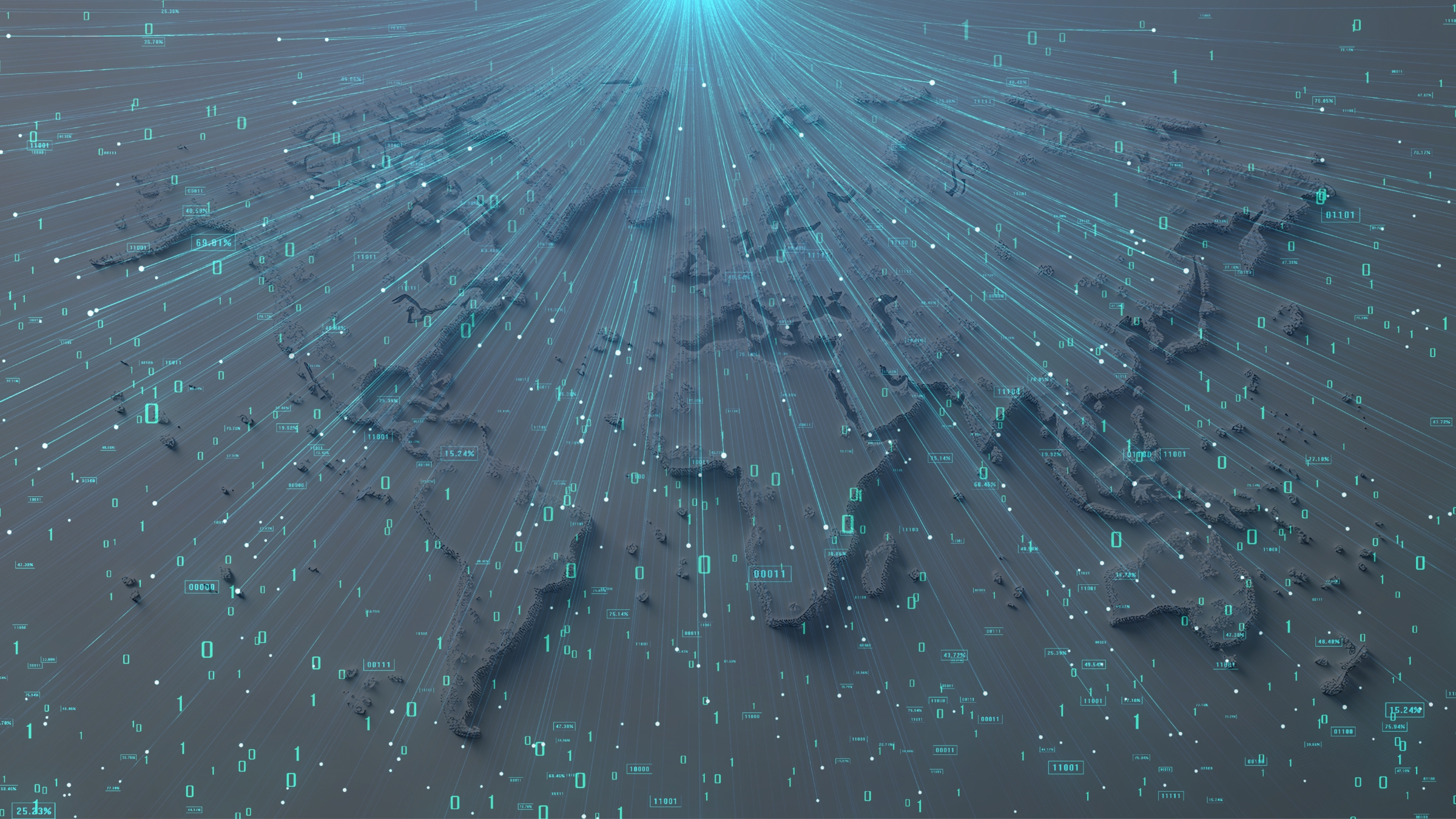 Digital world map covered in data points and light rays, symbolising global, data‑driven regulation across jurisdictions.