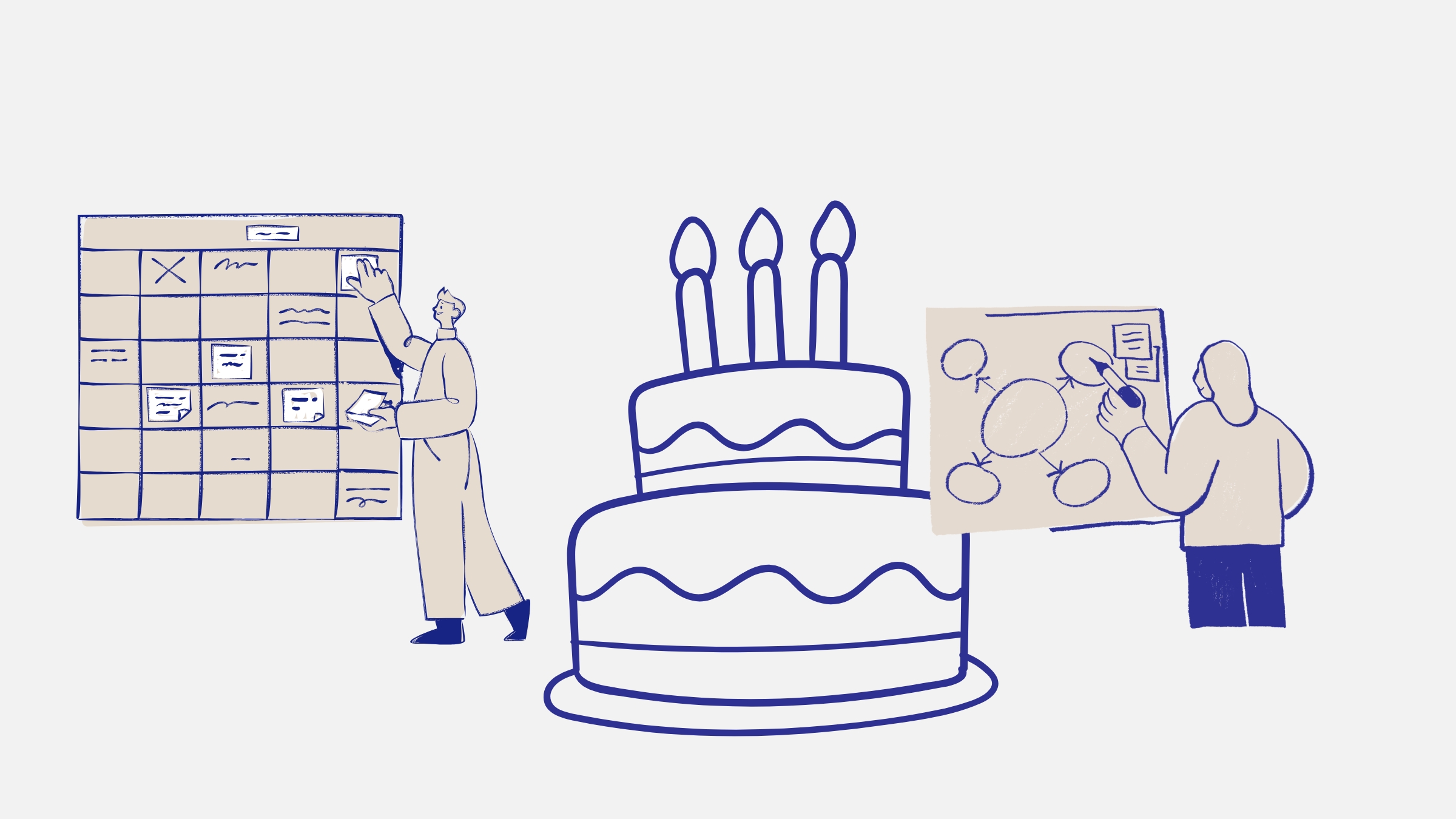 Line drawing of a two‑tier cake with candles between two people organising information on large boards, symbolising the different layers and moving parts of regulatory "reasonable measures".