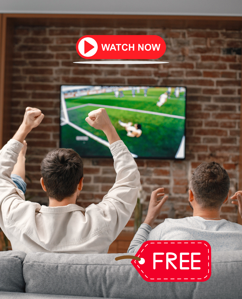 Two friends watching a football match on TV at home with big “Watch now” and “Free” labels over the image, illustrating how free sports streams can hide links to illegal gambling sites.