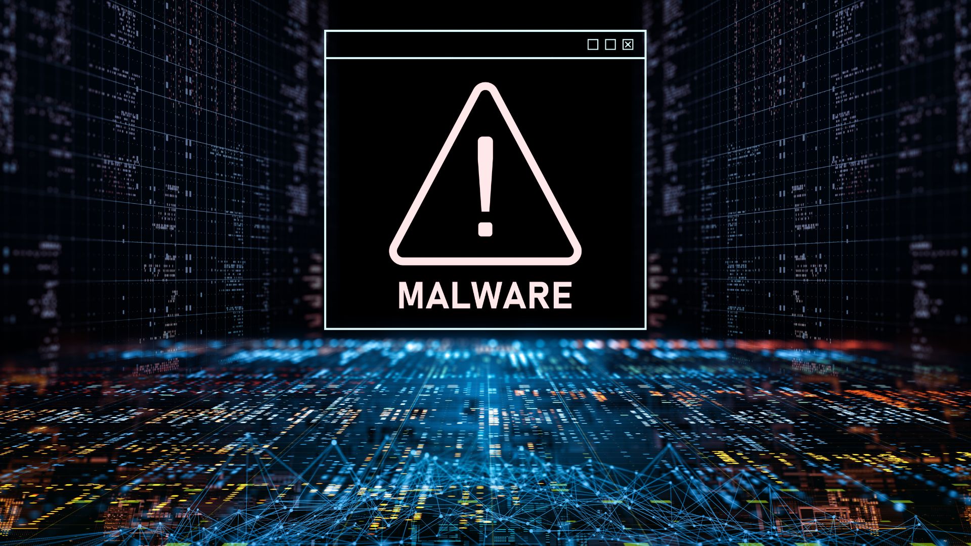 Digital warning screen with a large “Malware” alert symbol over a data background, illustrating the cyber risks linked to illegal gambling and pirate streaming sites.