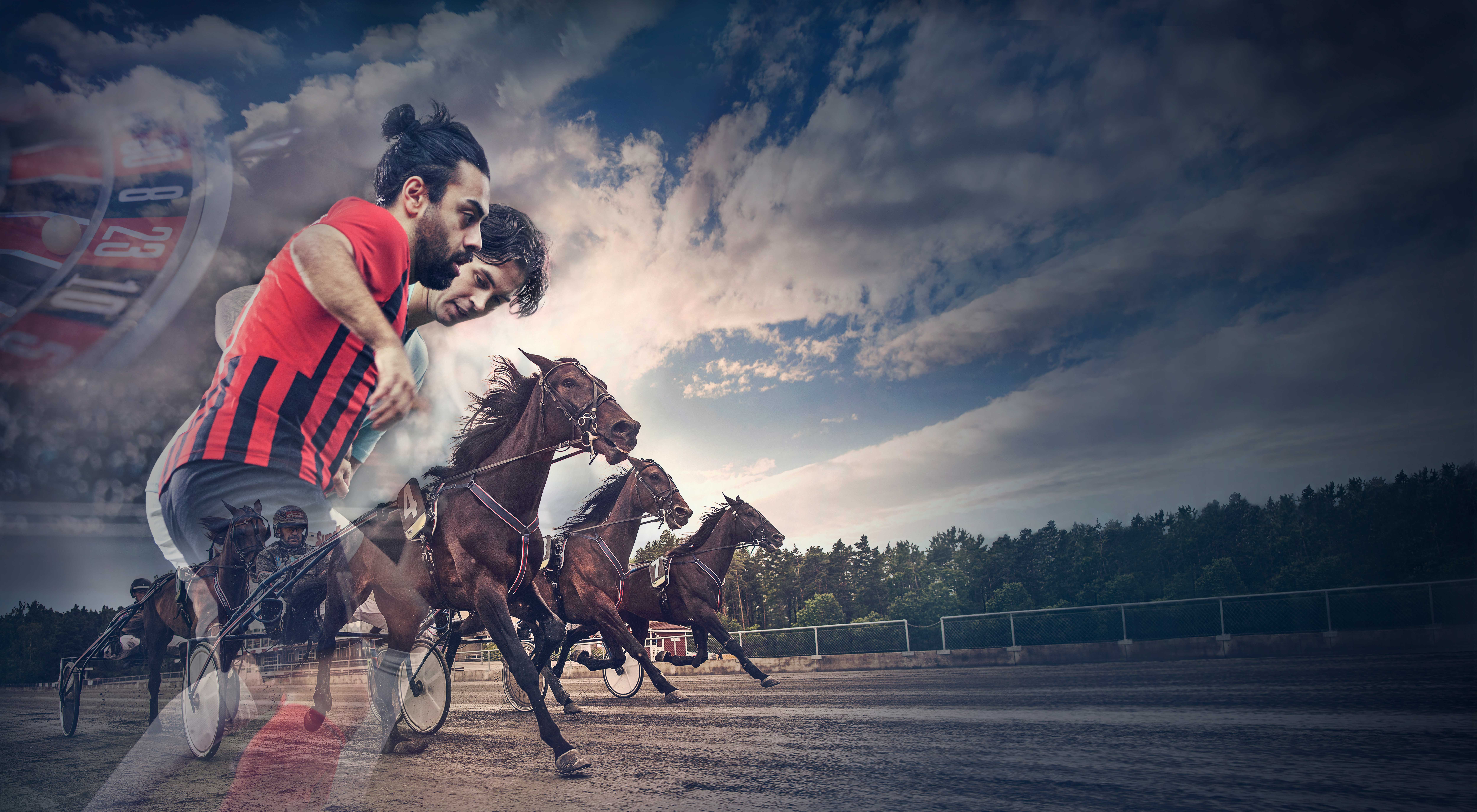 Collage image with trotting horses racing on a track, a football player in red and black, and a roulette wheel in the background, symbolising ATG’s horse, sports and casino betting.